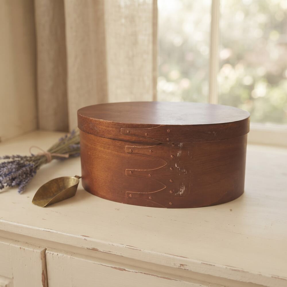 Vintage Shaker Style Oval Wood Pantry Box 3-Finger Swallowtail Copper Tacks